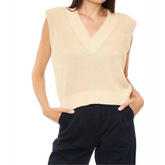Pistola Camille V Neck Shoulder Pad Cotton Sweater- Black